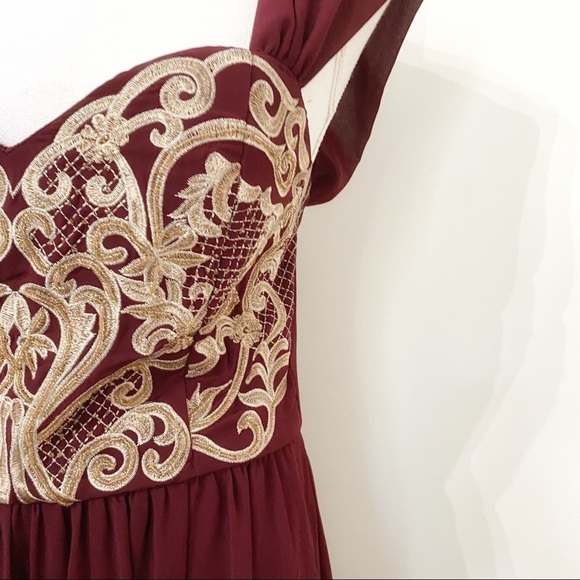 Soiéblu BURGUNDY CREAM BEADED CHIFFON CORSET FORMAL EVENING BALL GOWN DRESS - Picture 5 of 12